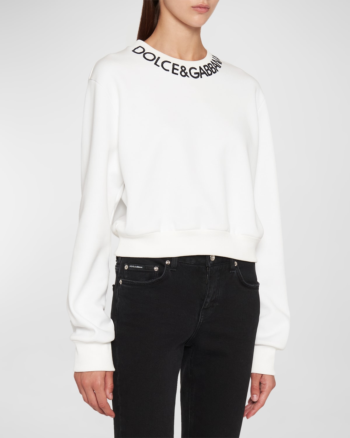 Shop Dolce & Gabbana Jersey Pullover Top With Logo Collar In White