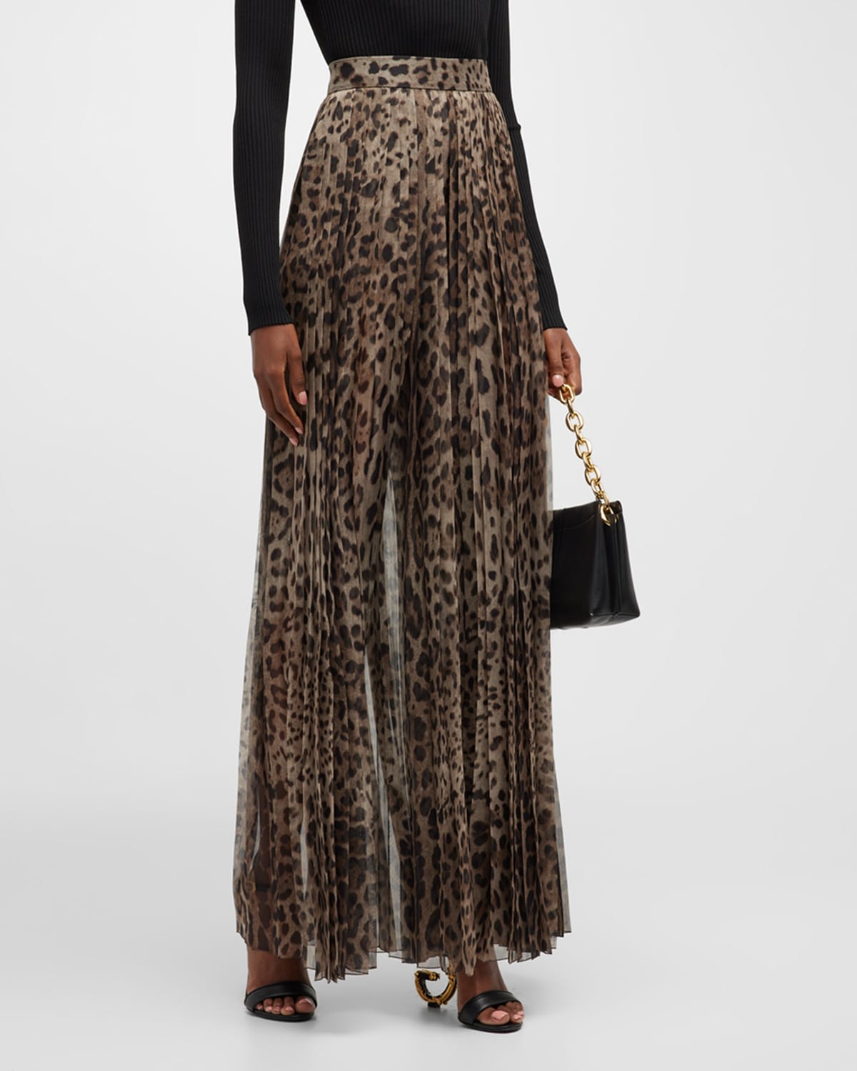 Dolce & Gabbana Leopard Print Wide Chiffon Pants In Lightbrown