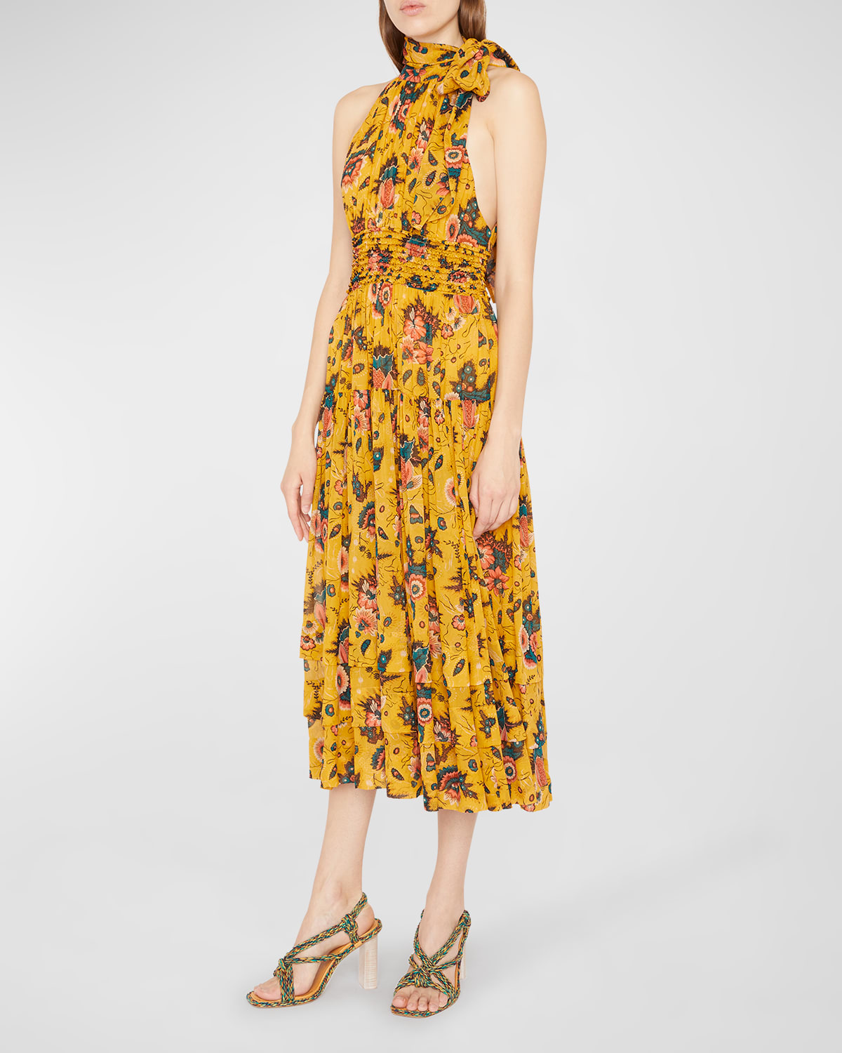 Ulla Johnson Maya Neck-tie Midi Floral Silk Dress In Waterlily