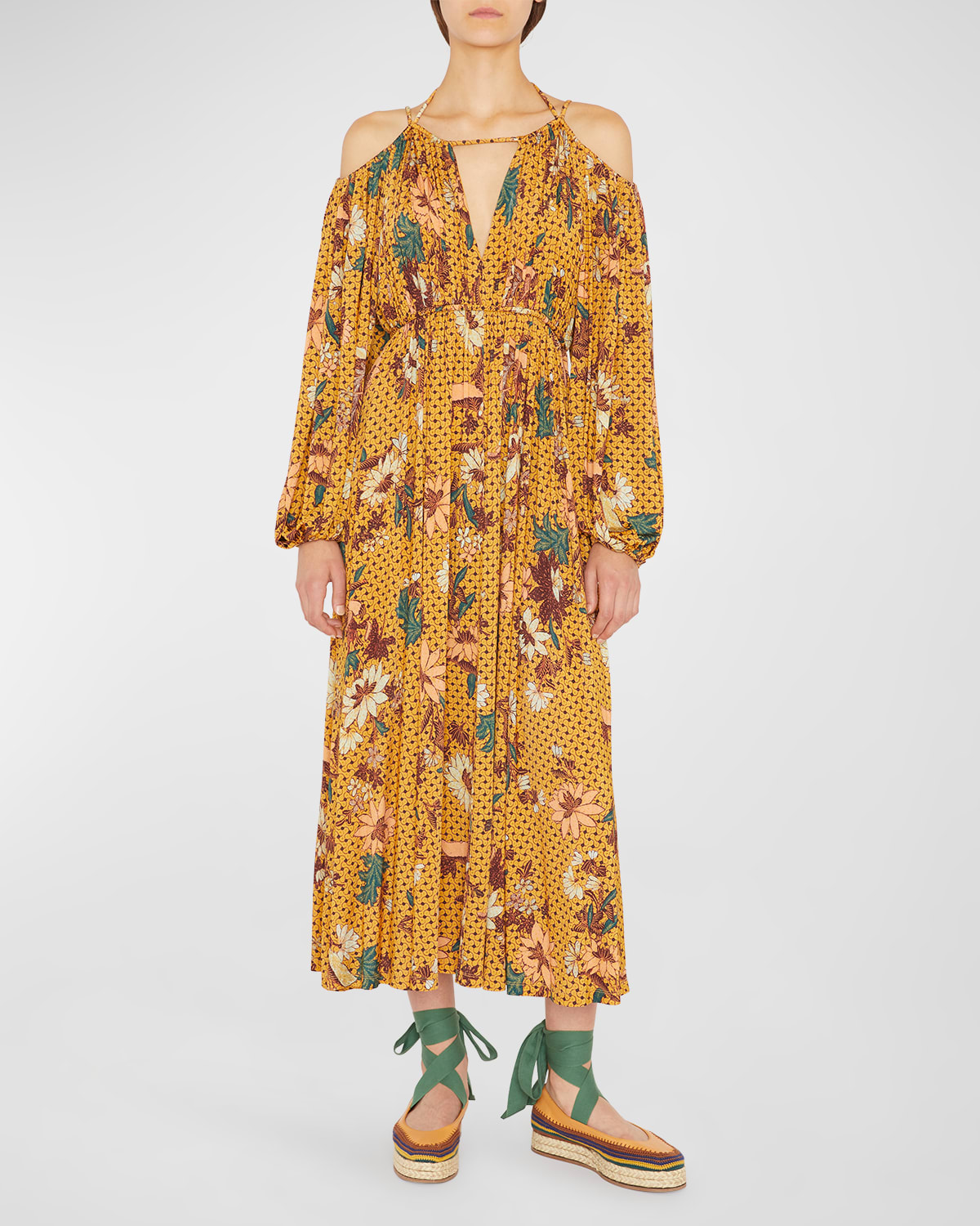 Ulla Johnson Noemi Cold-shoulder Floral Midi Dress In Amber