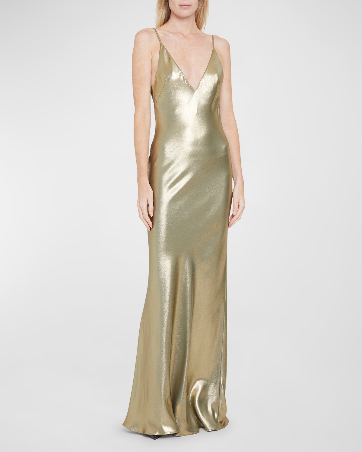 Galvan Ized Plunging Metallic Silk Slip Maxi Dress In Gold