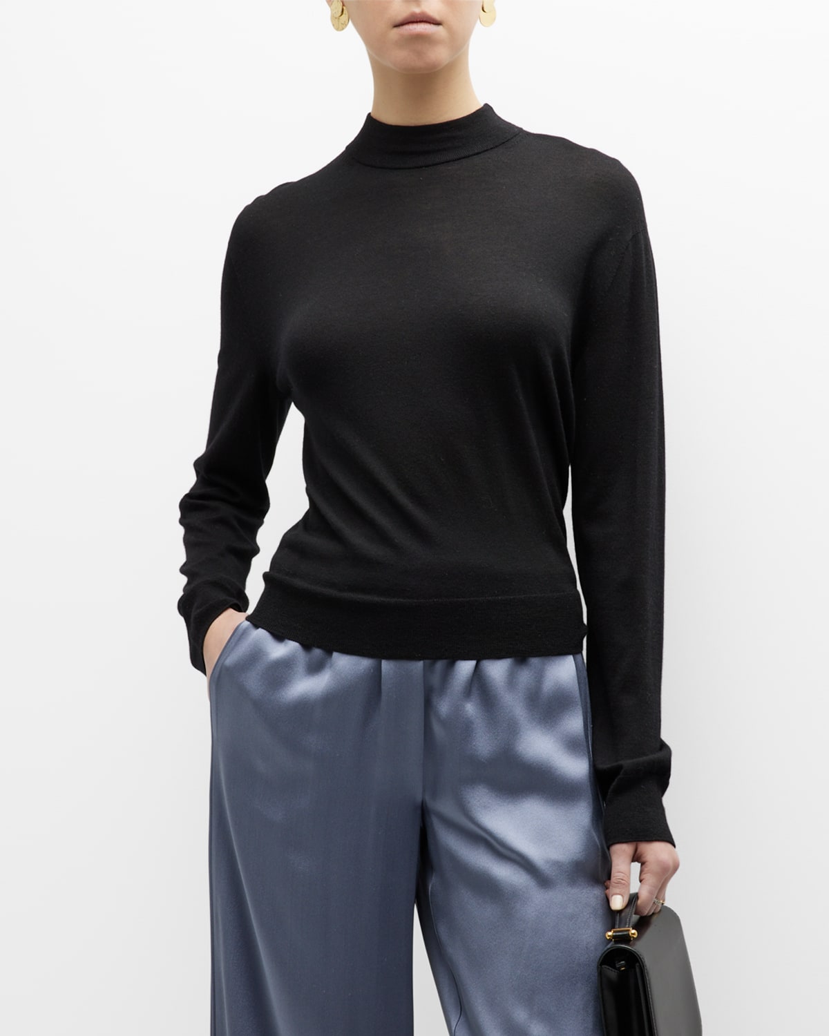 Vince Fine Gauge Seamless Mock Neck Wool Sweater In Black