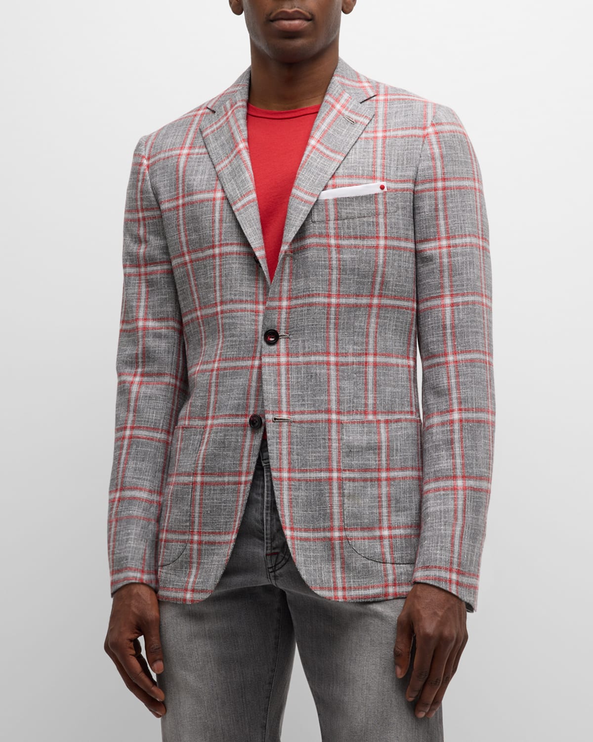 Kiton Men's Windowpane Cashmere-cotton Sport Coat In Gray Multi