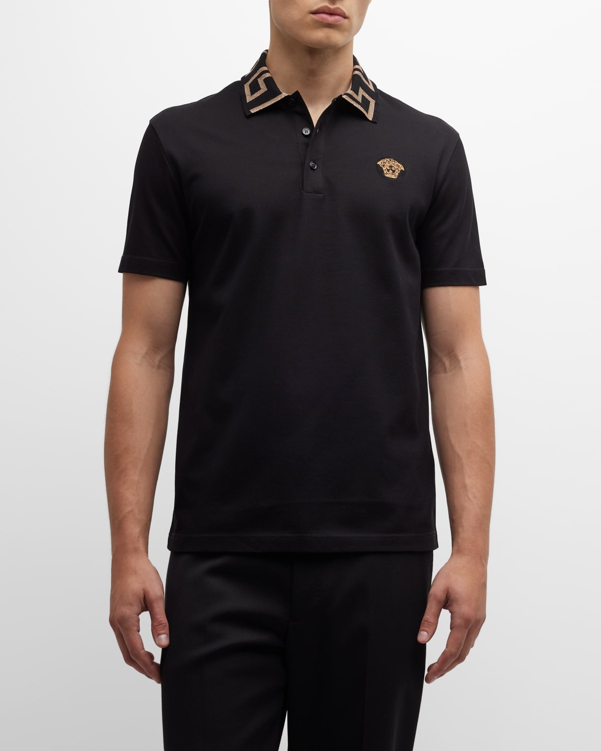 Shop Versace Men's Greca-collar Polo Shirt In Black