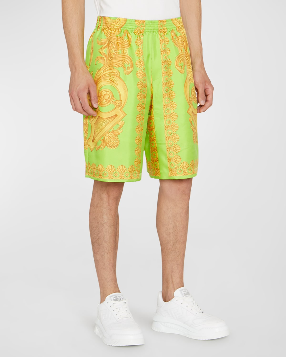 Versace Green And Gold Shorts With All-over Barrocco Print In Silk Man In Navycobaltgold