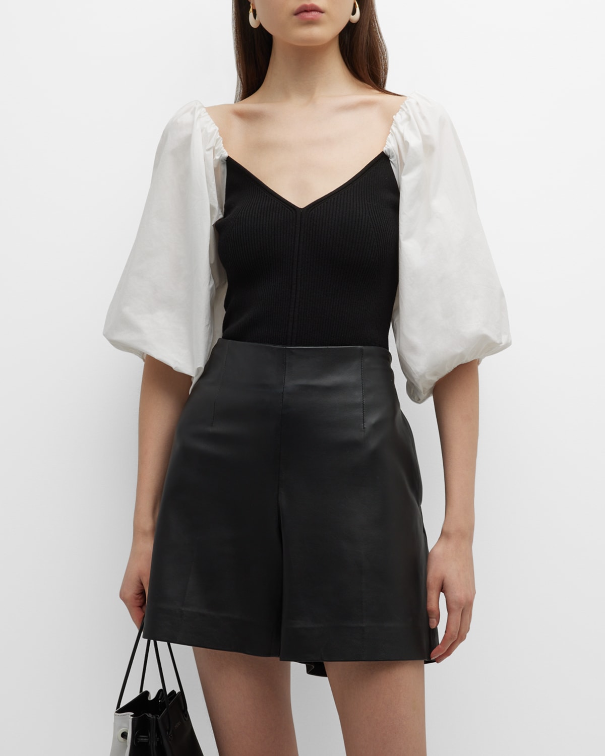Shop Tanya Taylor Misha Knit Balloon-sleeve Combo Top In Blackchalk