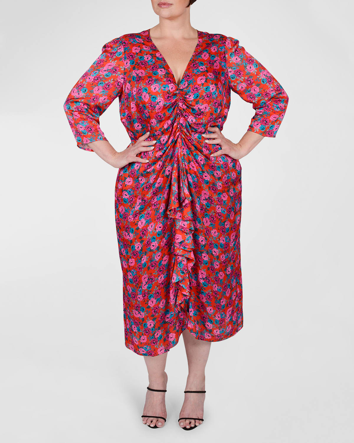 Plus Size Winnie Floral-Print Ruffle-Front Midi Dress