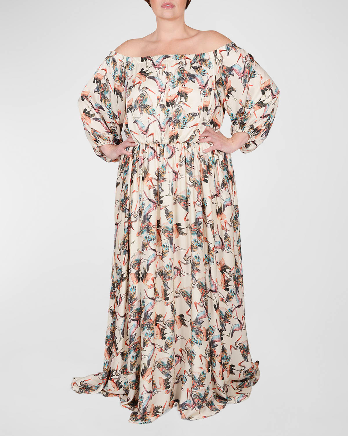 MAYES NYC PLUS SIZE EDDY OFF-SHOULDER BIRD-PRINT MAXI DRESS