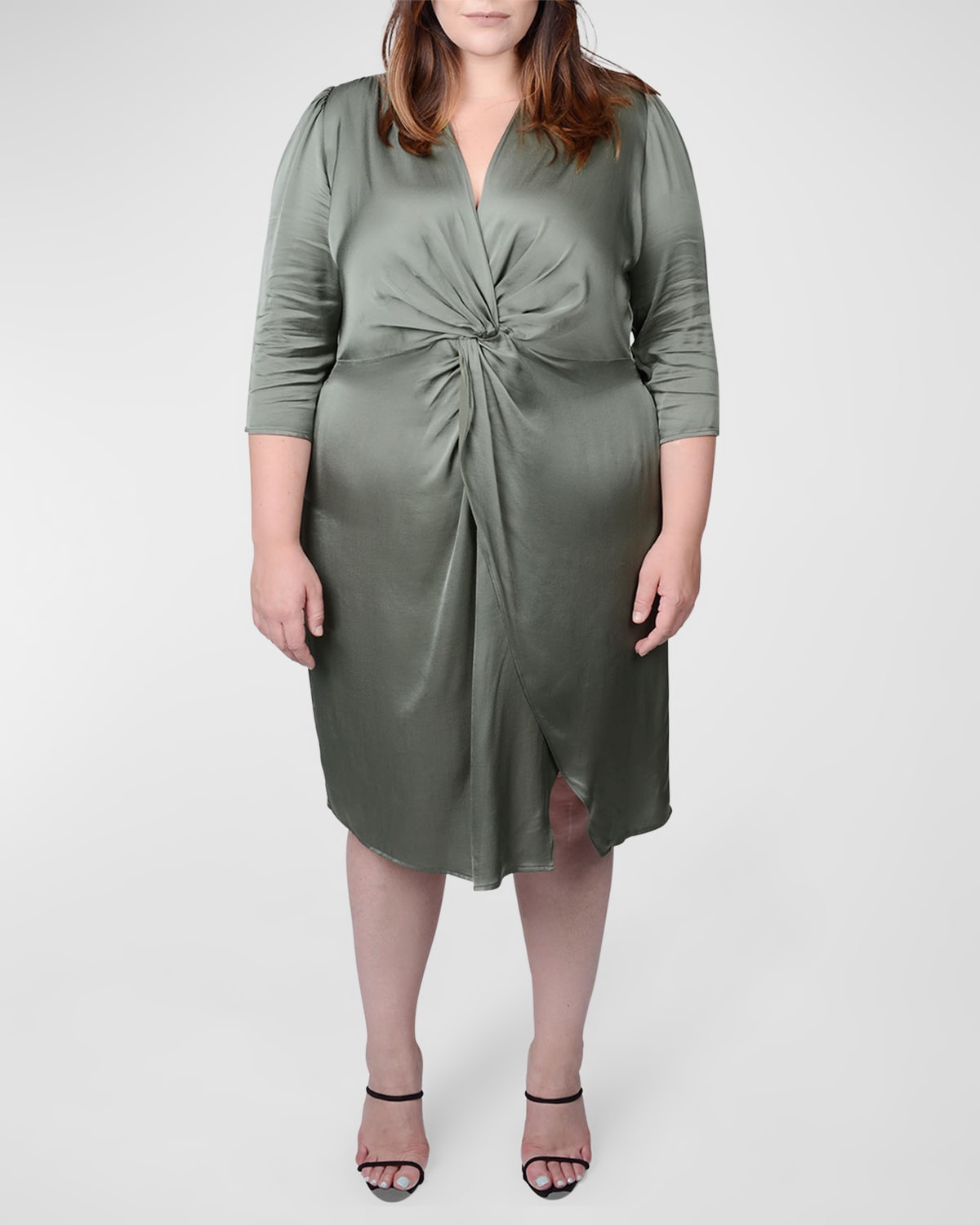 Mayes Nyc Plus Size Elvie Front-twist Midi Dress In Olive Solid