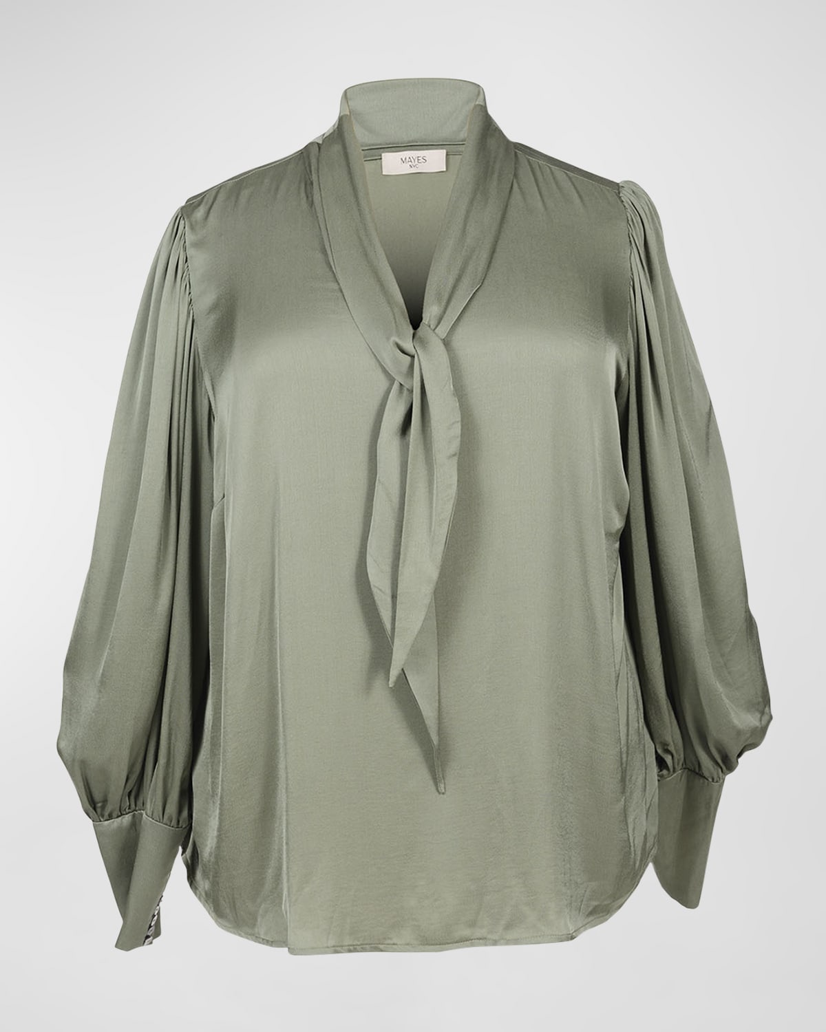 Mayes Nyc Plus Size Mia Bishop-sleeve V-neck Blouse In Olive Solid