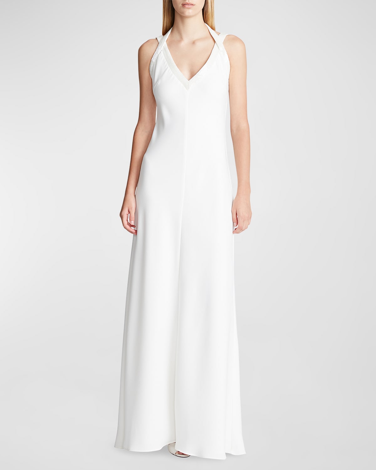 Halston Allison Column Gown W/ Beaded Details In Chalk