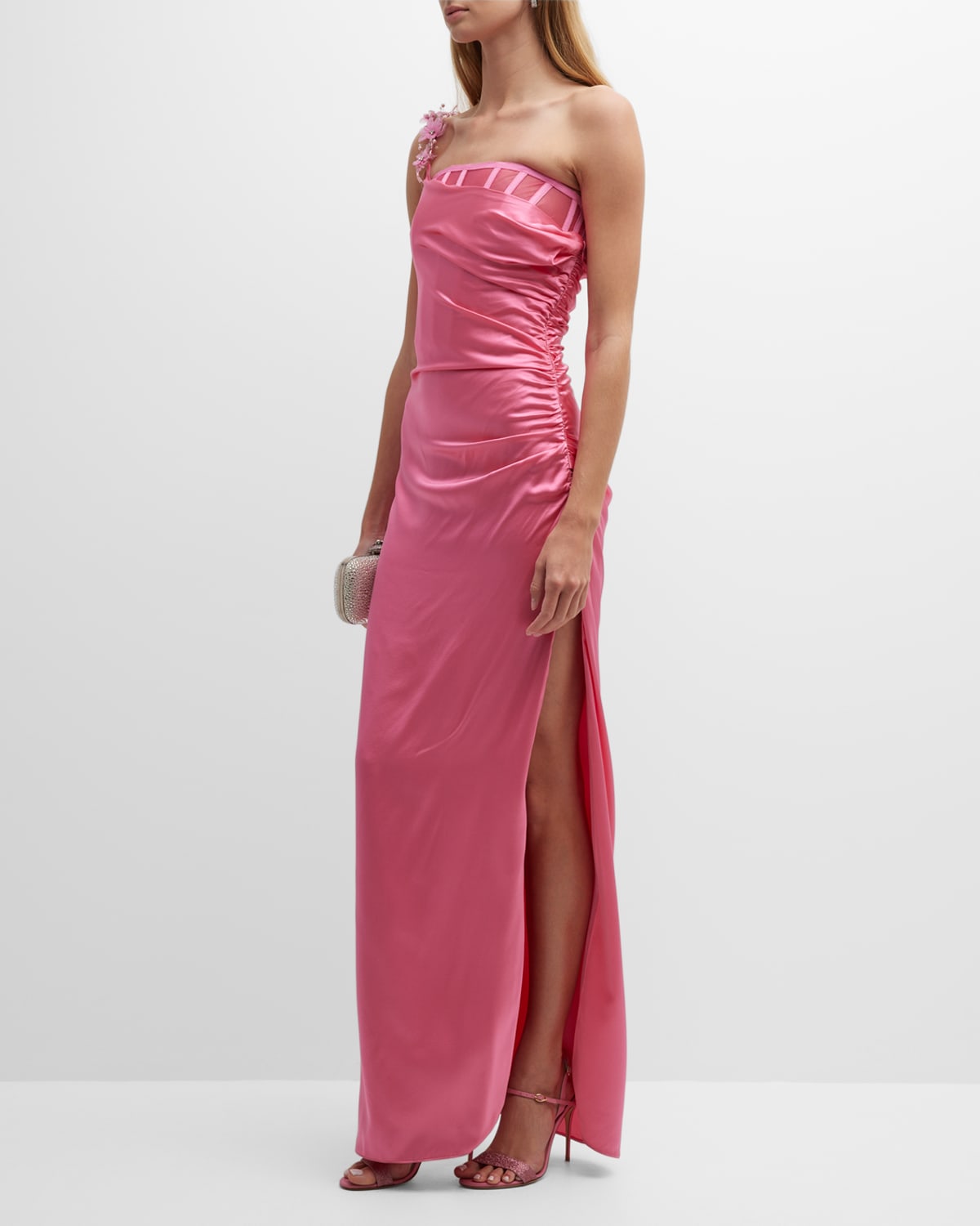 Aliétte Bustier One-shoulder Ruched Gown In Hot Pink