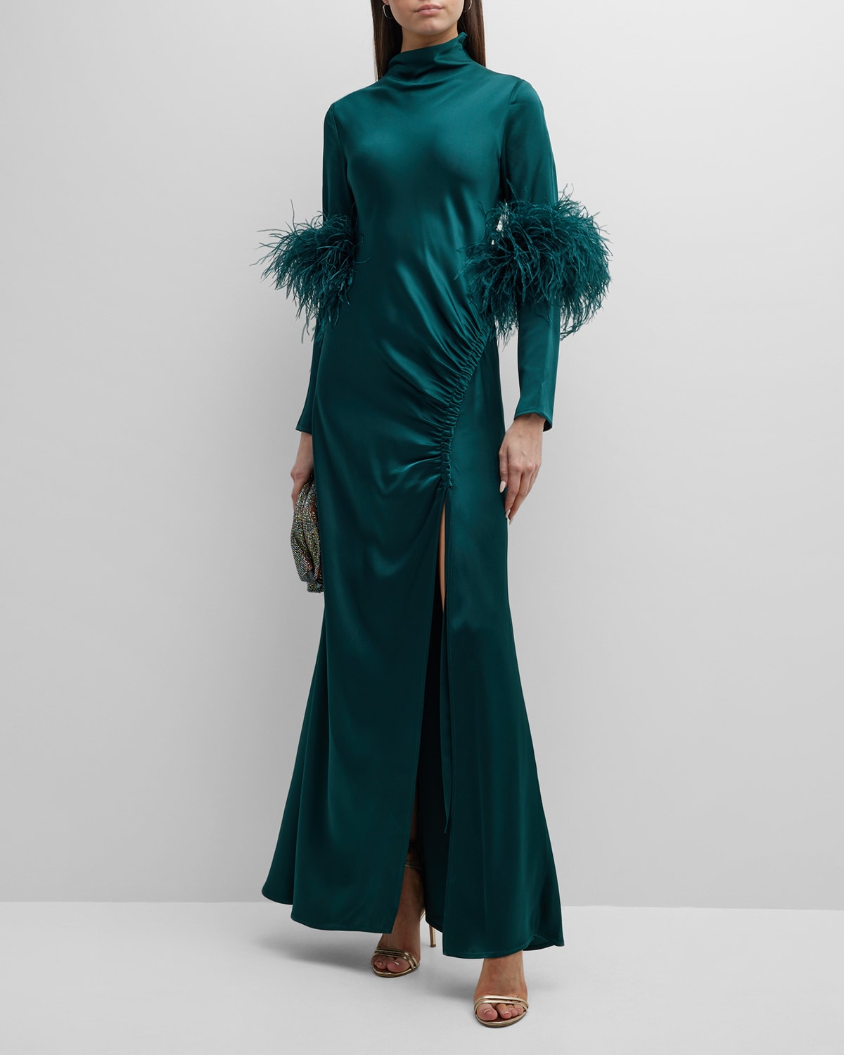 Feather-Trim Long-Sleeve Satin Bias Maxi Dress