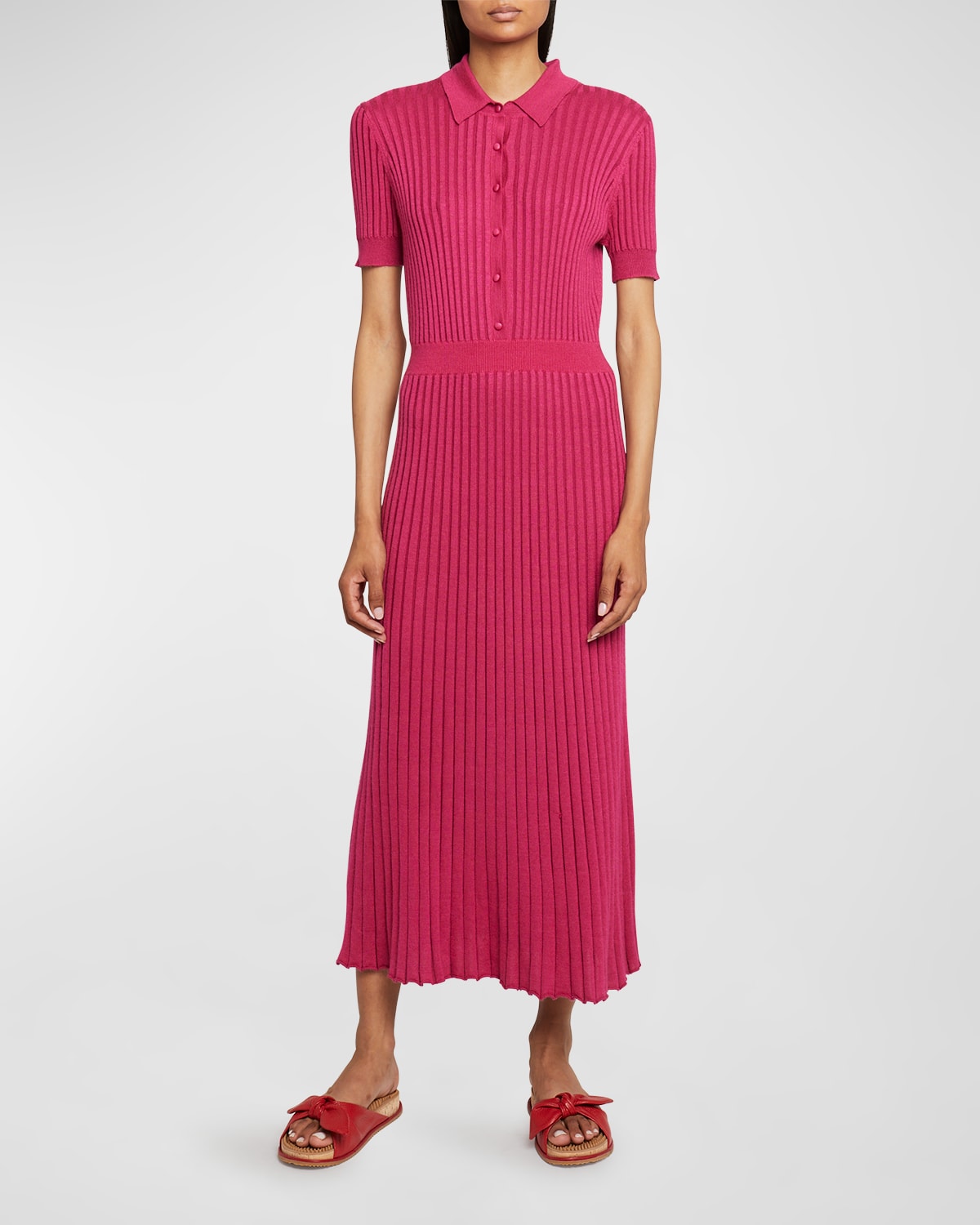 knee length dresses for ladies pleated chiffon midi dress with floral cuffs – FUCHSIA – missodd.com main image 0