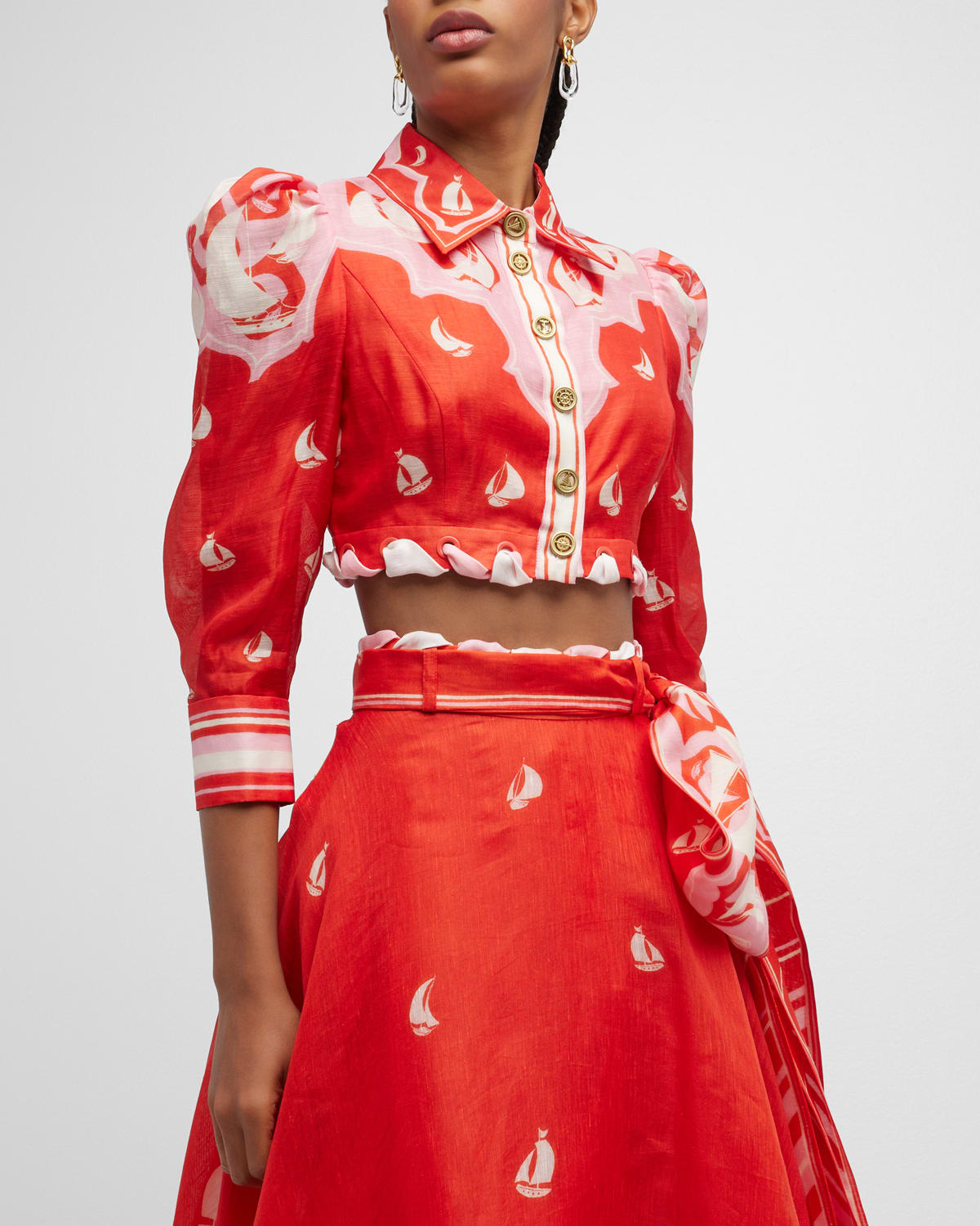 Zimmermann High Tide Cropped Printed Linen And Silk-blend Top In Red Sailboats