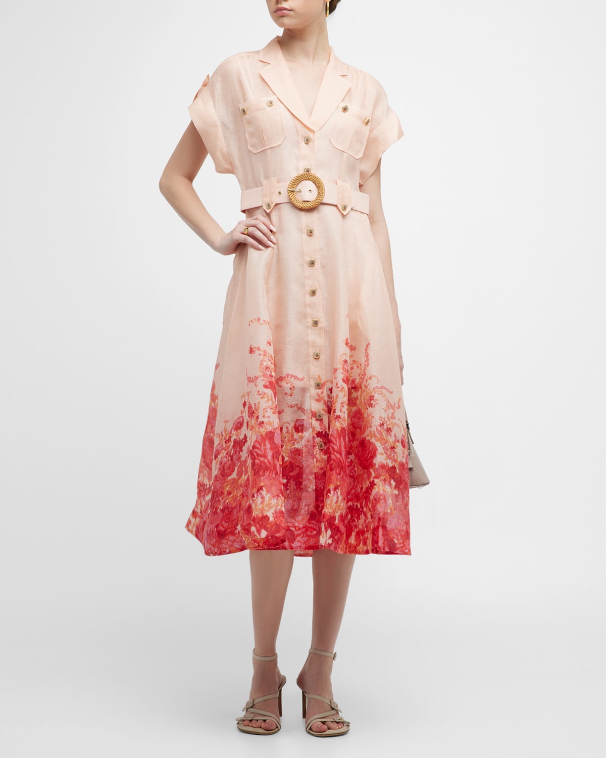 Zimmermann High Tide Belted Floral-print Linen And Silk-blend Midi Dress In Pink Ikat Floral