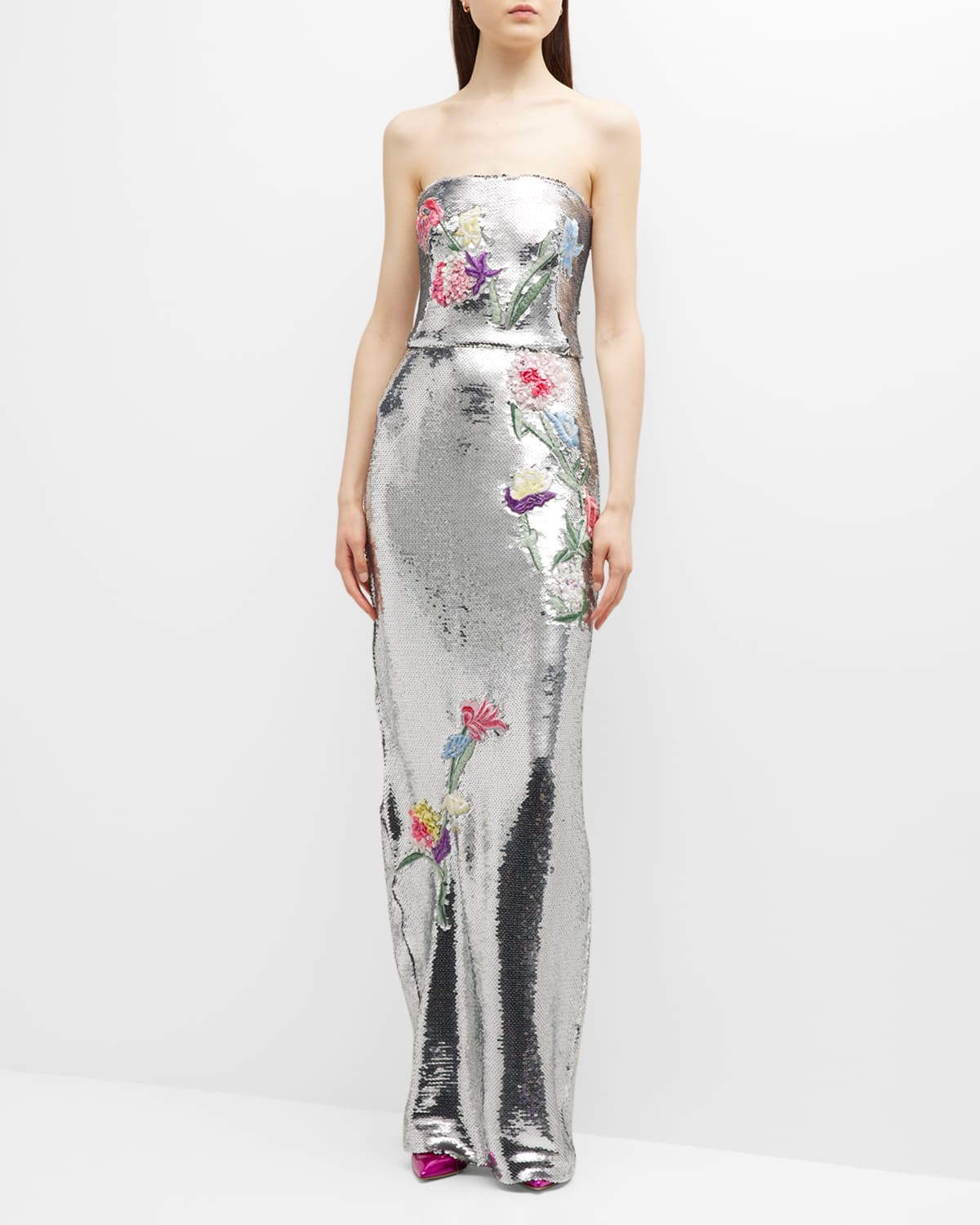 Monique Lhuillier Strapless Floral-embroidered Sequin Column Gown In Silver Multi