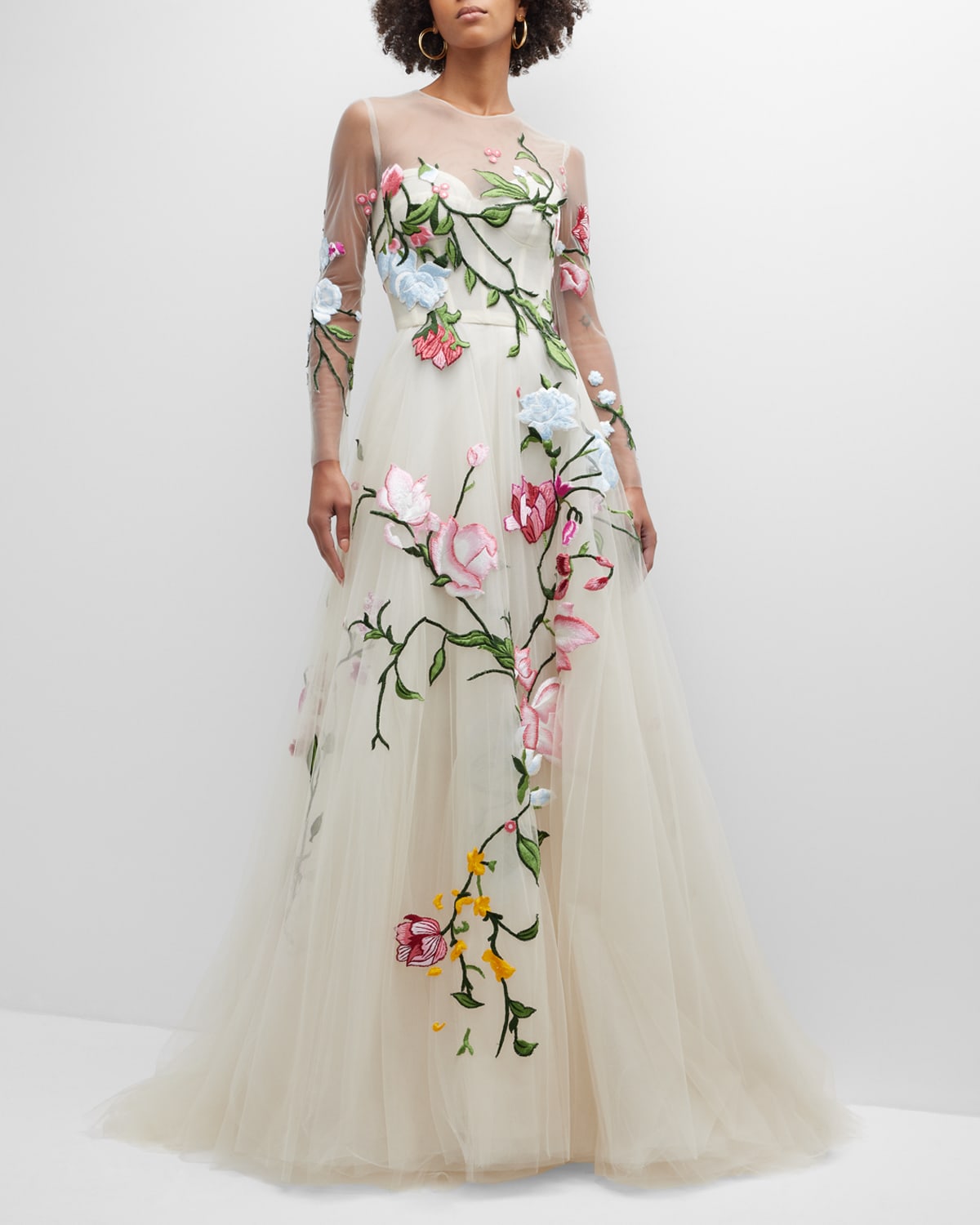 MONIQUE LHUILLIER CORSET GOWN W/ EMBROIDERED FLORAL DETAIL