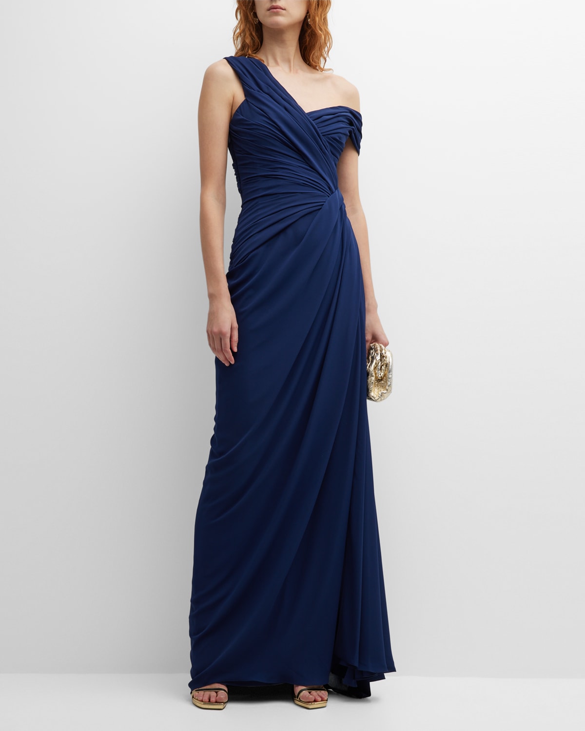 Monique Lhuillier Off-shoulder Pleated Gown In Navy