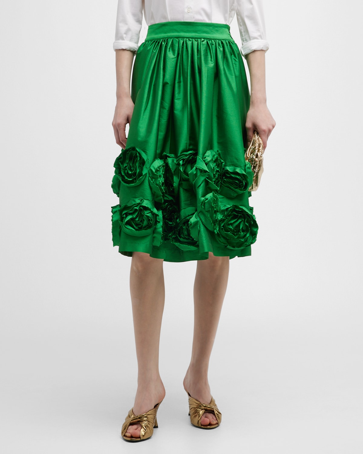 Frances Valentine Barbara Rosette A-line Silk Midi Skirt In Green