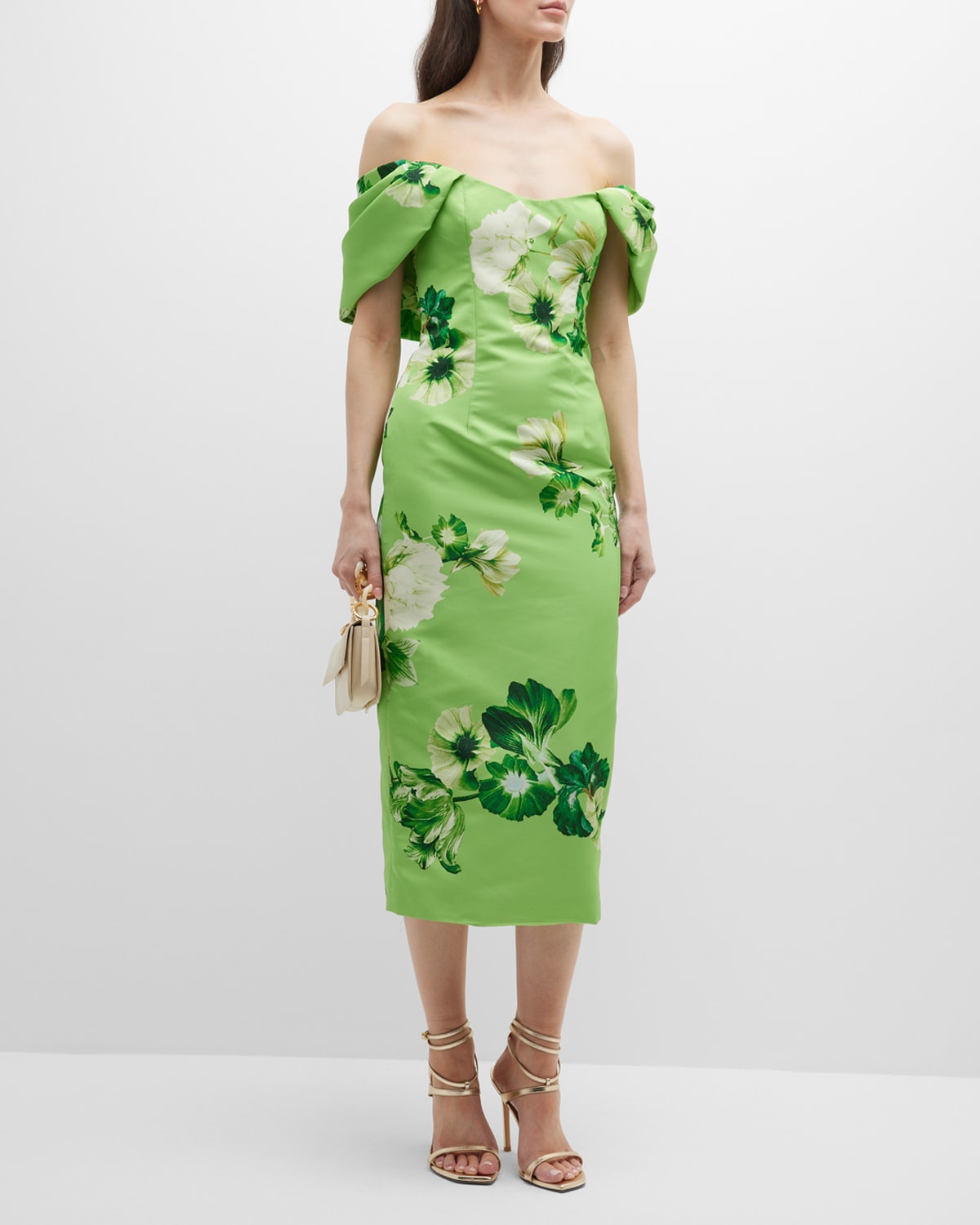 Monique Lhuillier Faille Off-shoulder Floral Detail Dress In Limemult