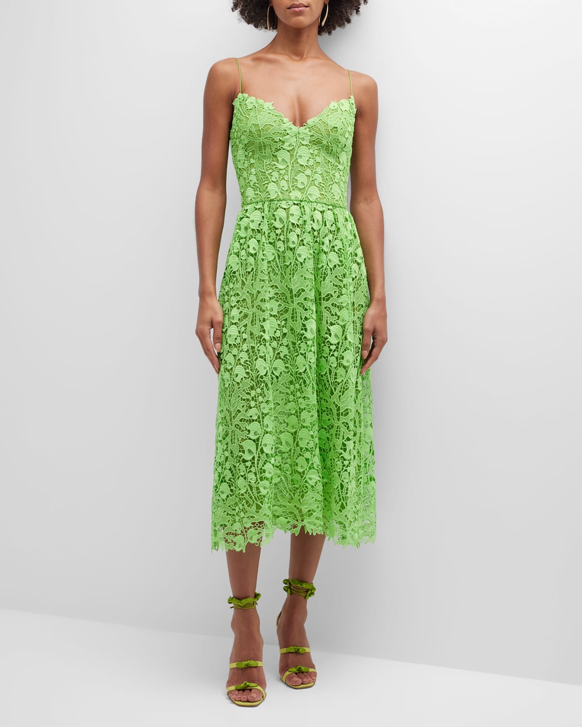 Monique Lhuillier Flared Skirt Lace Midi Dress In Lime