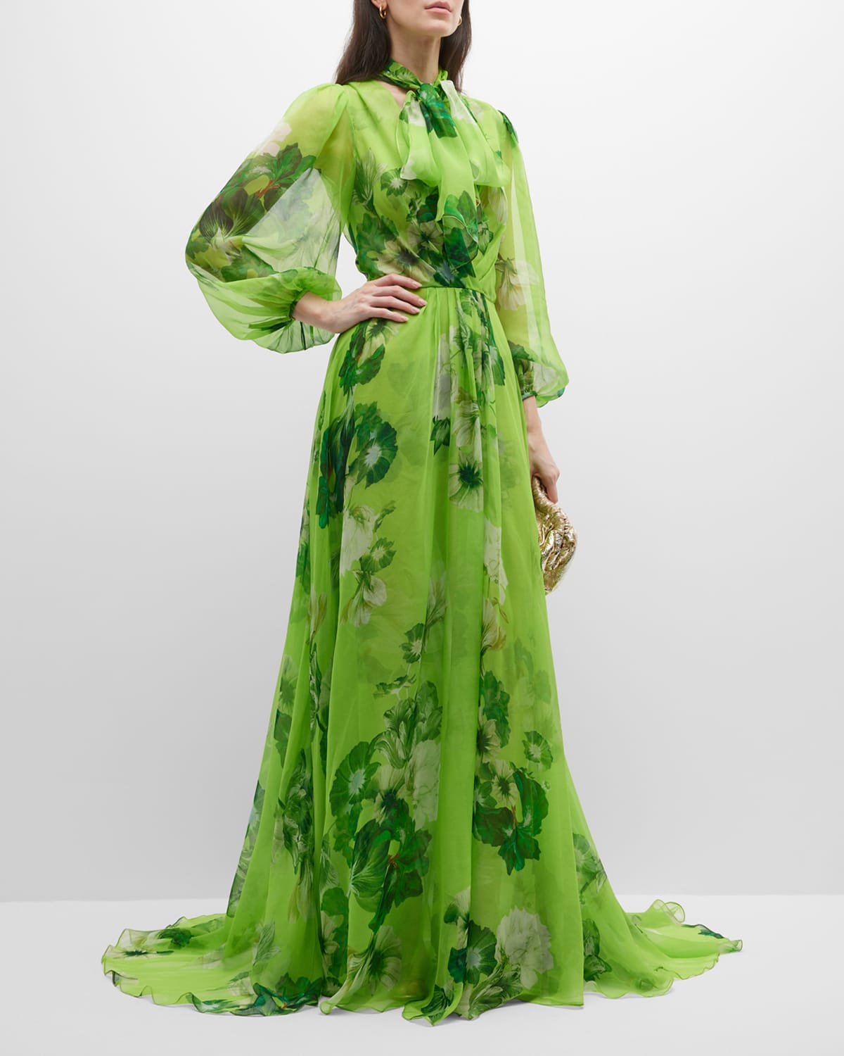 Monique Lhuillier Pussy-bow Floral-print Silk-blend Chiffon Gown In Lime Multi