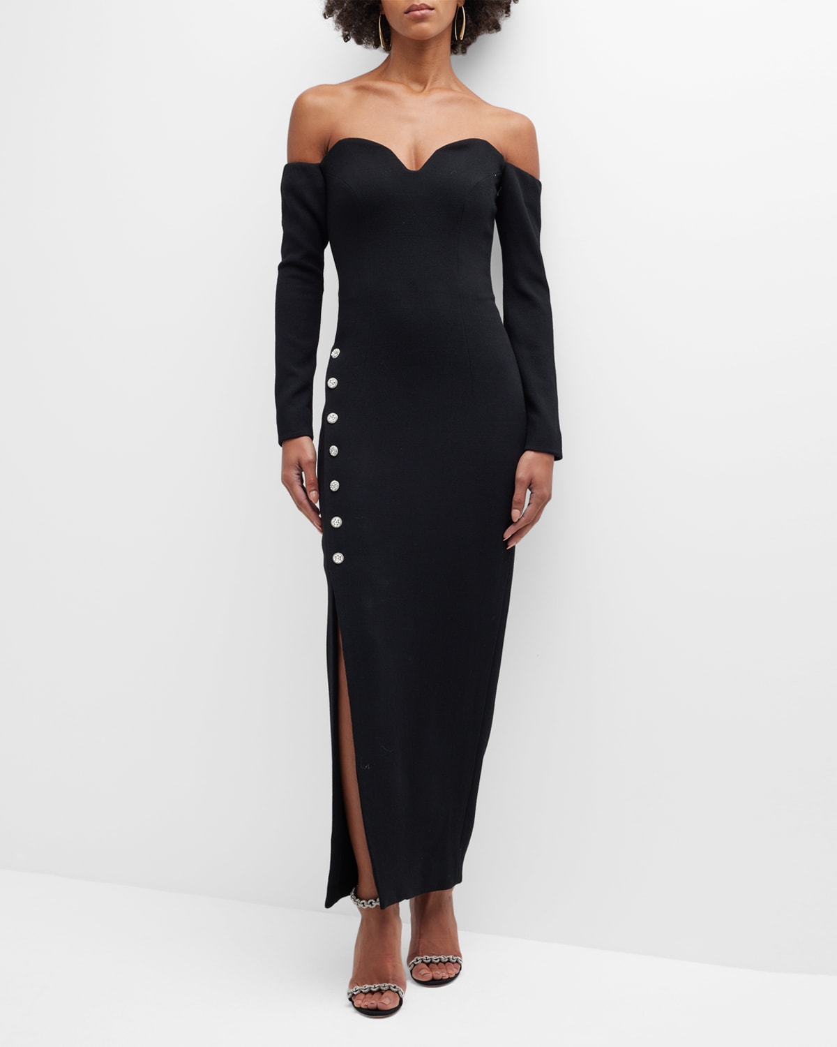 MONIQUE LHUILLIER OFF-SHOULDER GOWN W RHINESTONE DETAIL BUTTONS