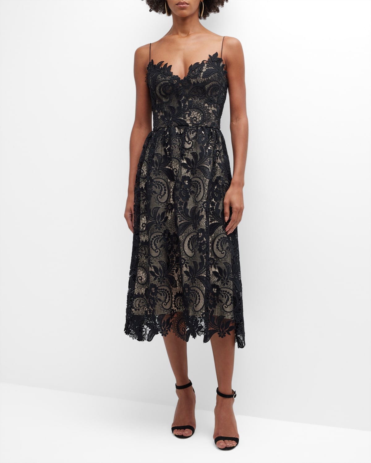 Monique Lhuillier Lace Flared Midi Dress In Noir