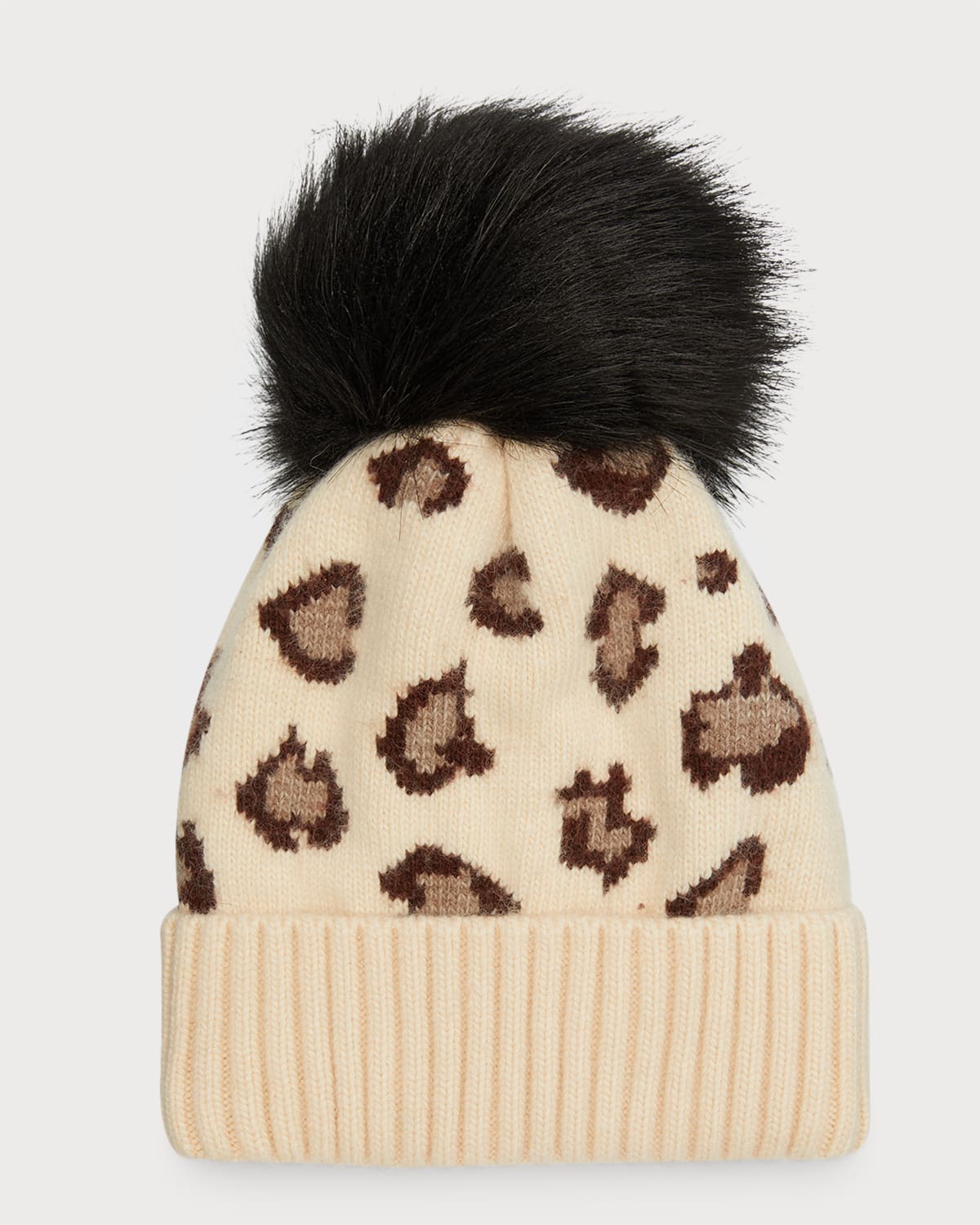 Leopard-Print Knit Wool Beanie W/ Faux Fur Pom