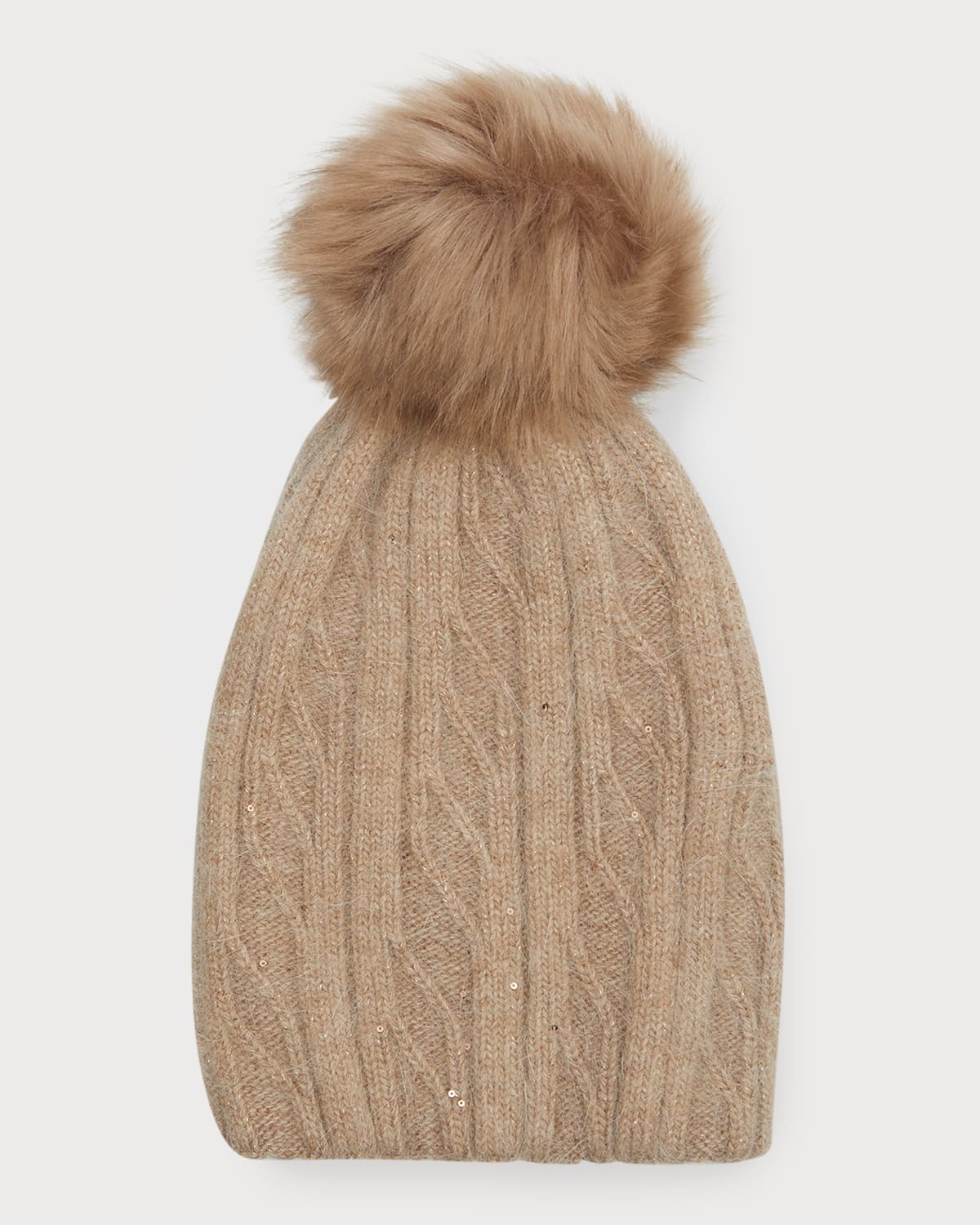 Knit Wool Beanie W/ Faux Fur Pom
