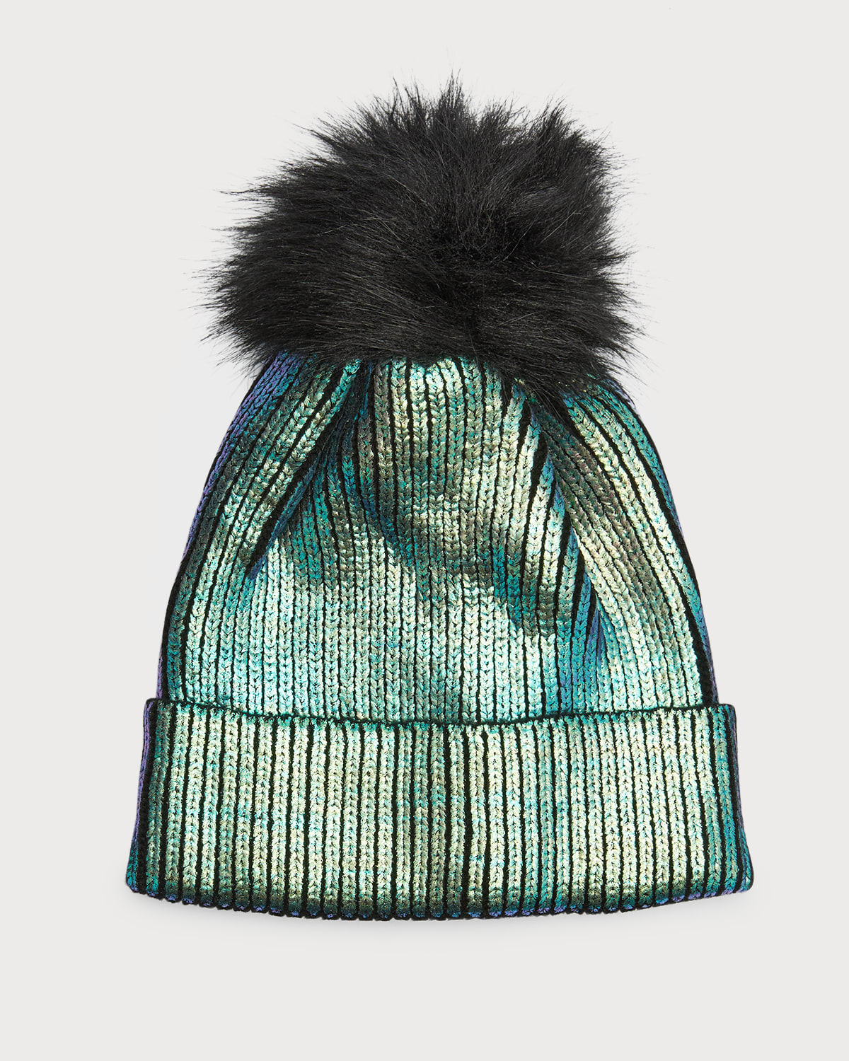 Adrienne Landau Metallic Beanie W/ Faux Fur Pom