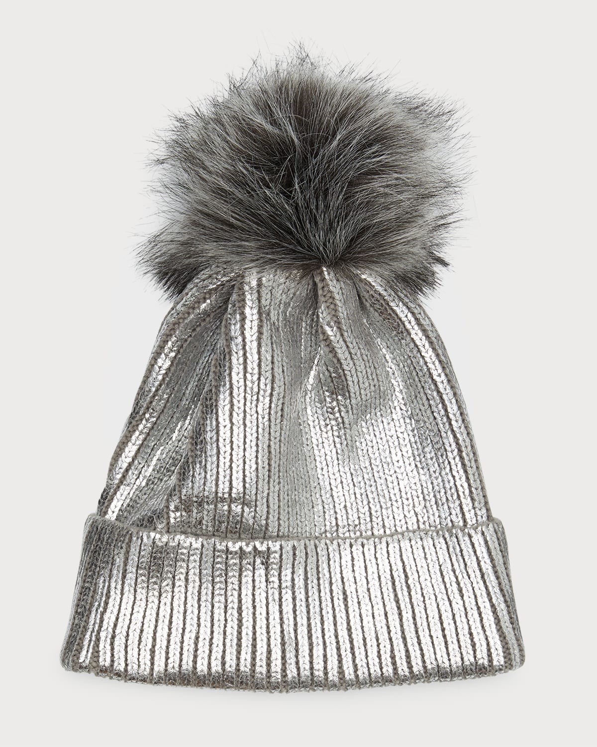 Metallic Beanie W/ Faux Fur Pom