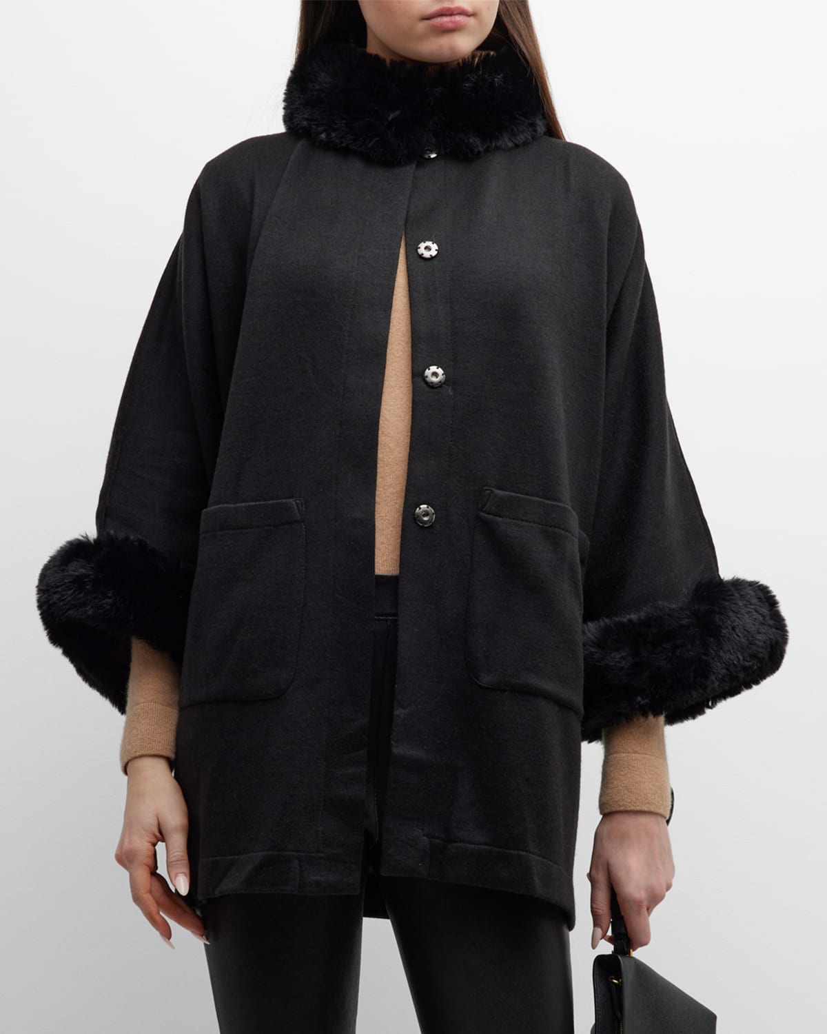 Knit Coat With Faux Fur Trim
