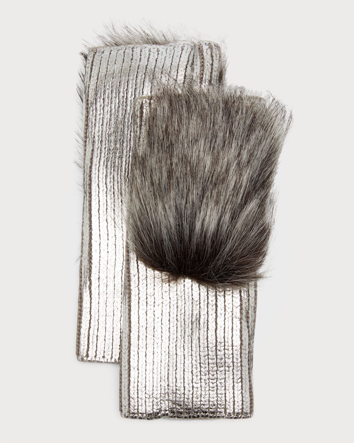 Adrienne Landau Metallic Wool Fingerless Gloves W/ Faux Fur In Silver