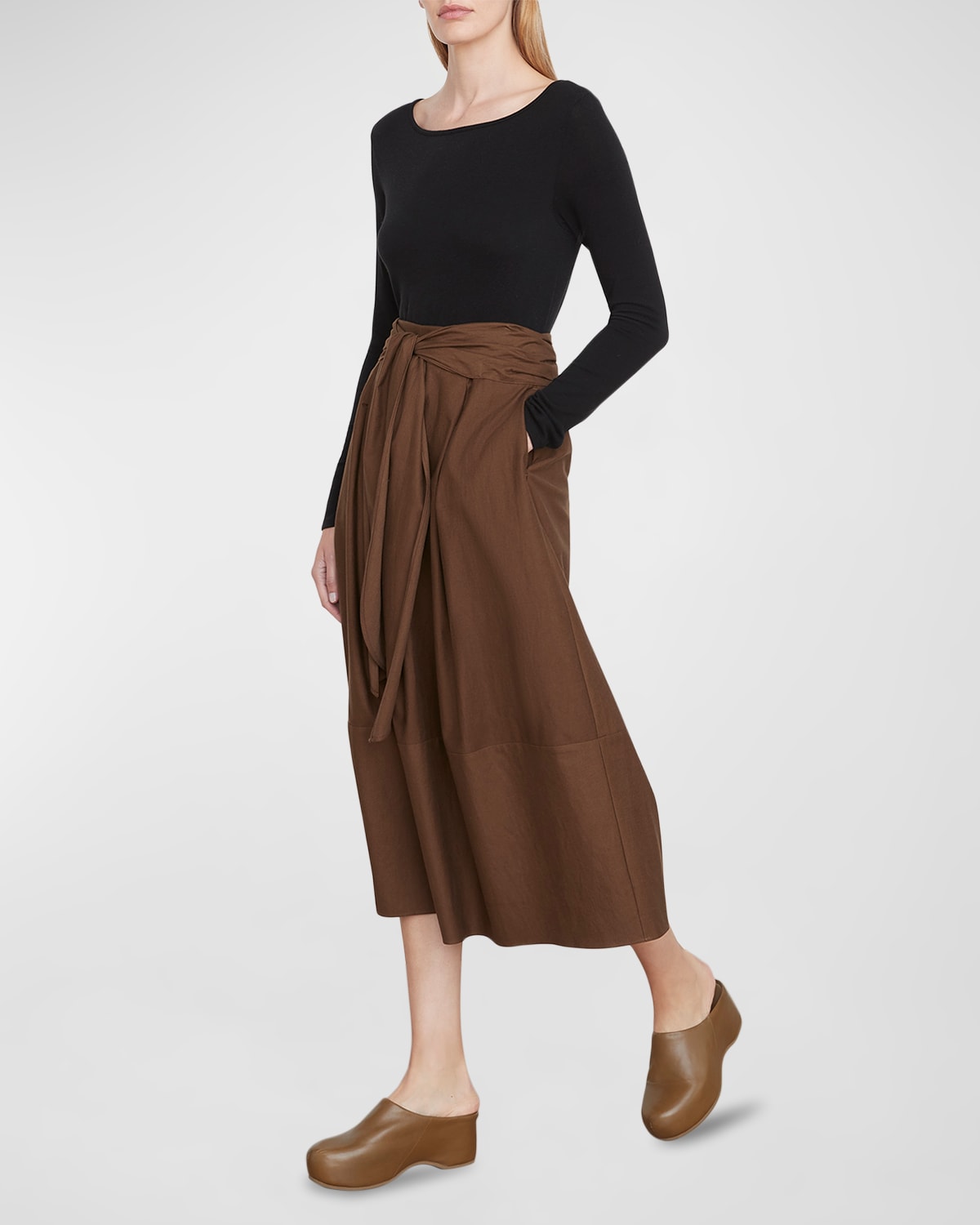 VINCE TIE-FRONT COTTON-WOOL MIDI SKIRT