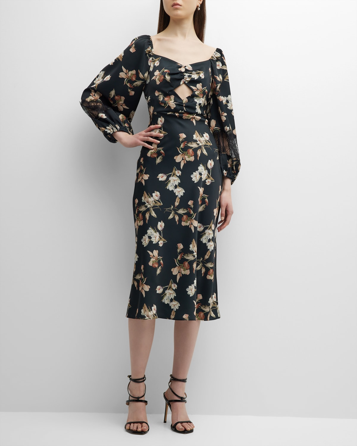 Amara Cutout Floral-Print Lace-Trim Dress