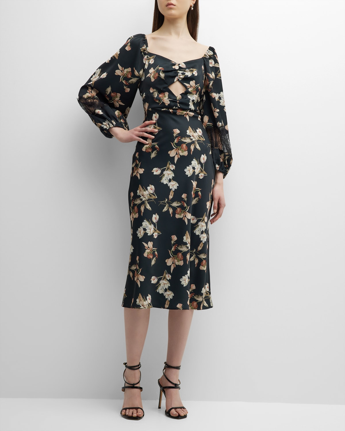 Sachin & Babi Amara Printed Satin Crepe Cut-out Midi-dress In Black Venetia Pet
