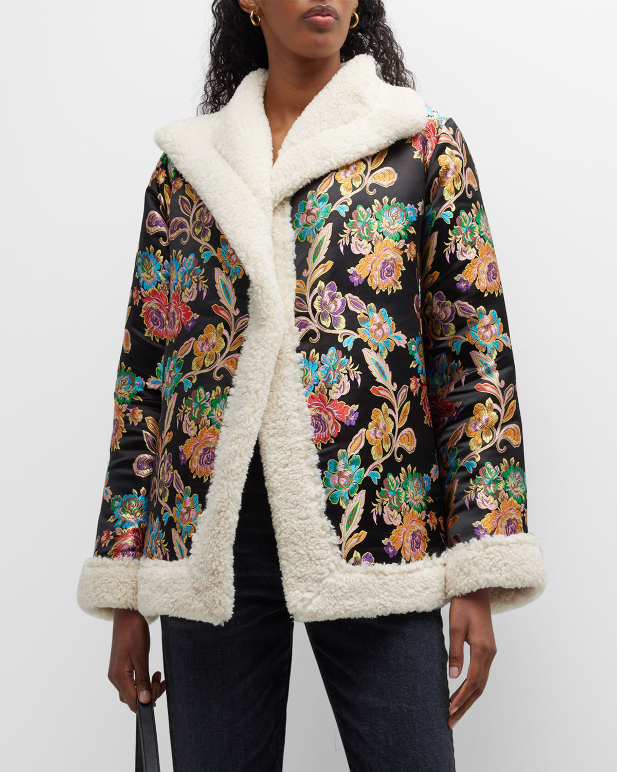 JOHNNY WAS SOFIE FLORAL-JACQUARD SHERPA-TRIM COAT