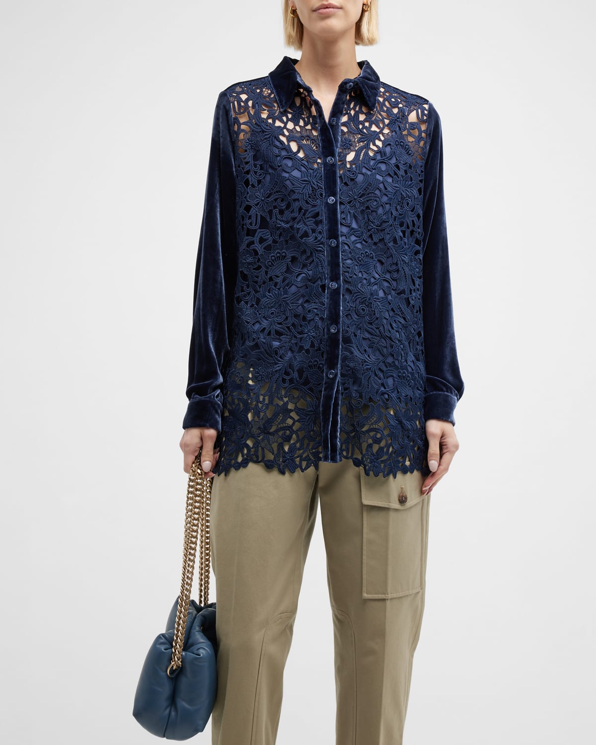 Johnny Was Flicka Lace-front Button-down Velvet Shirt In Sapphire Blue