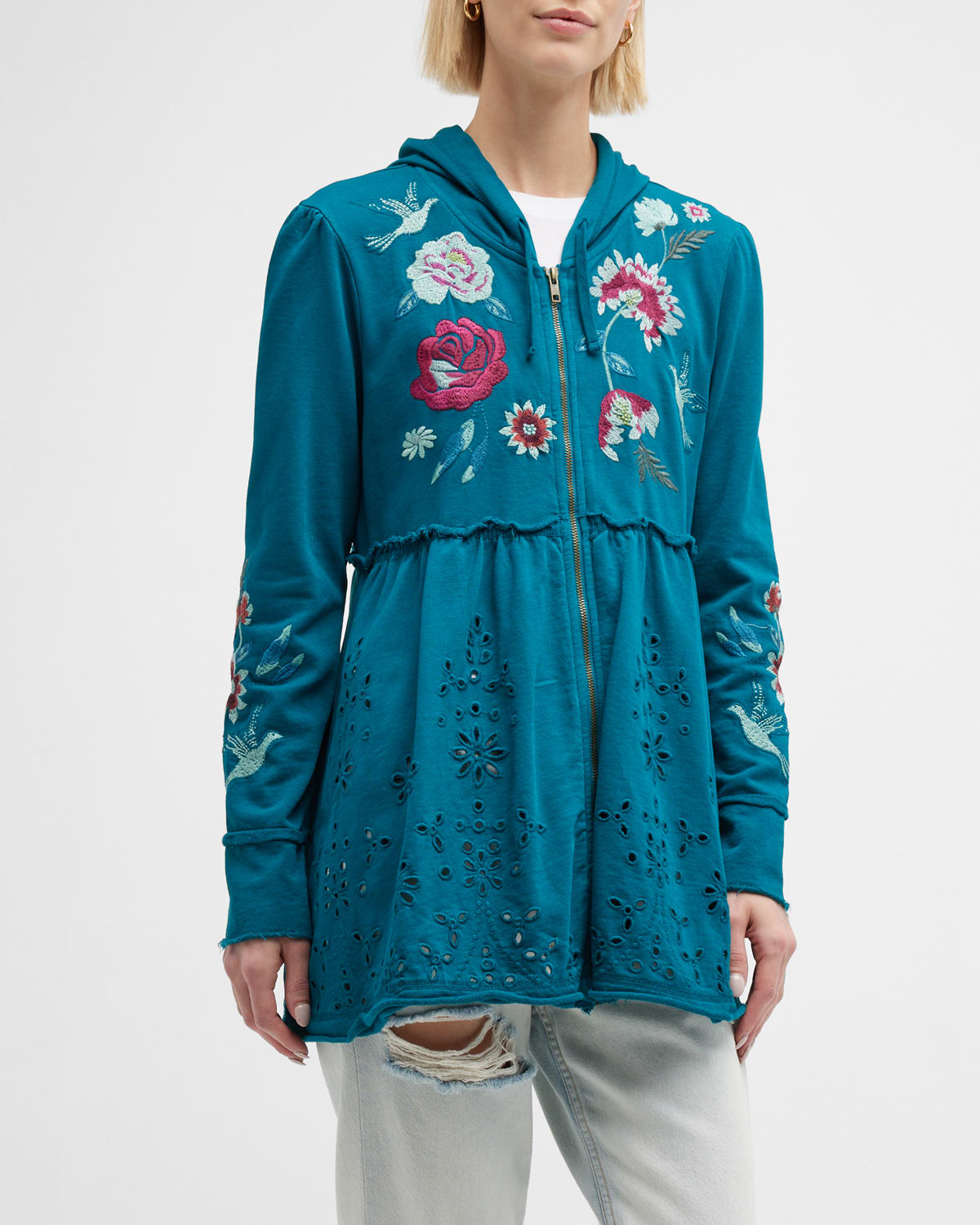Johnny Was Junia Embroidered Tiered Zip front Hoodie In Black ModeSens
