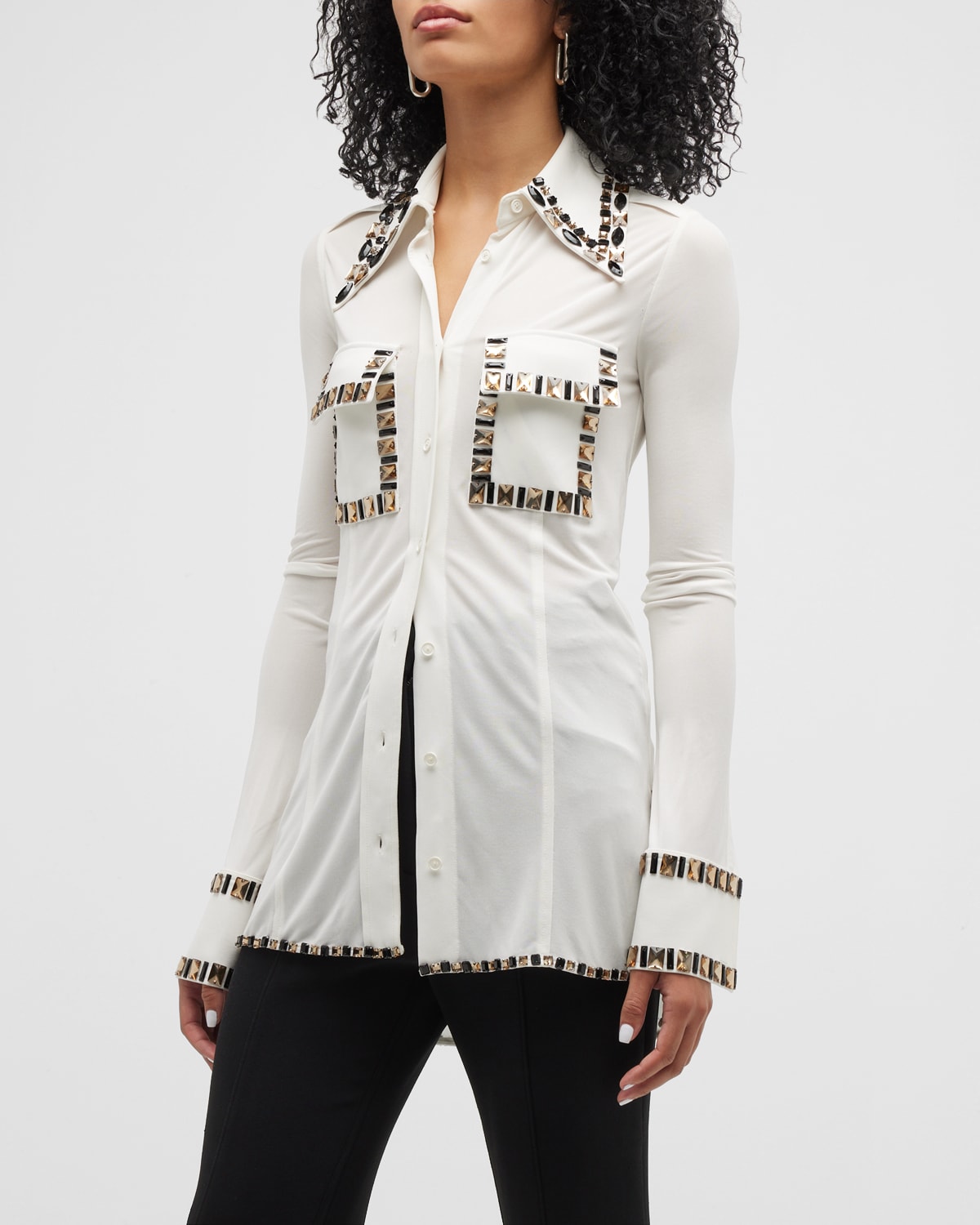 Proenza Schouler Stone-Embroidered Jersey Button Down Shirt