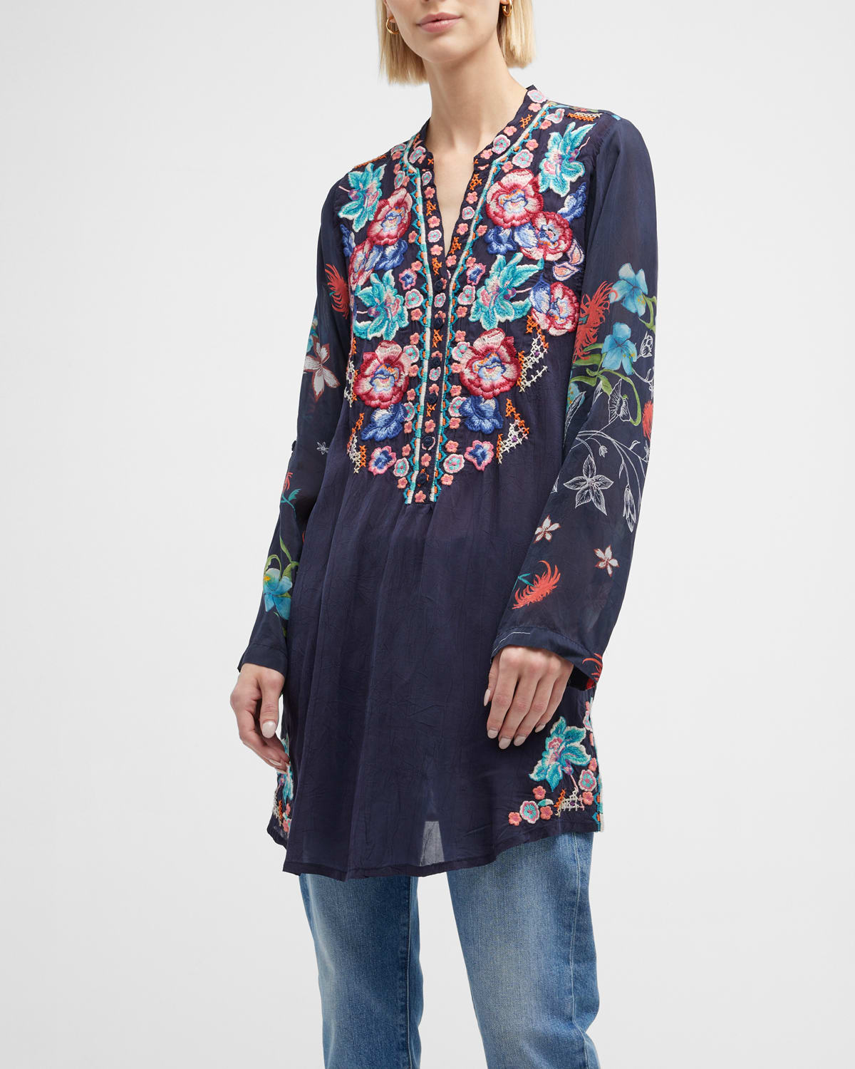 Johnny Was Elsarose Printed Floral-embroidered Tunic In Multi