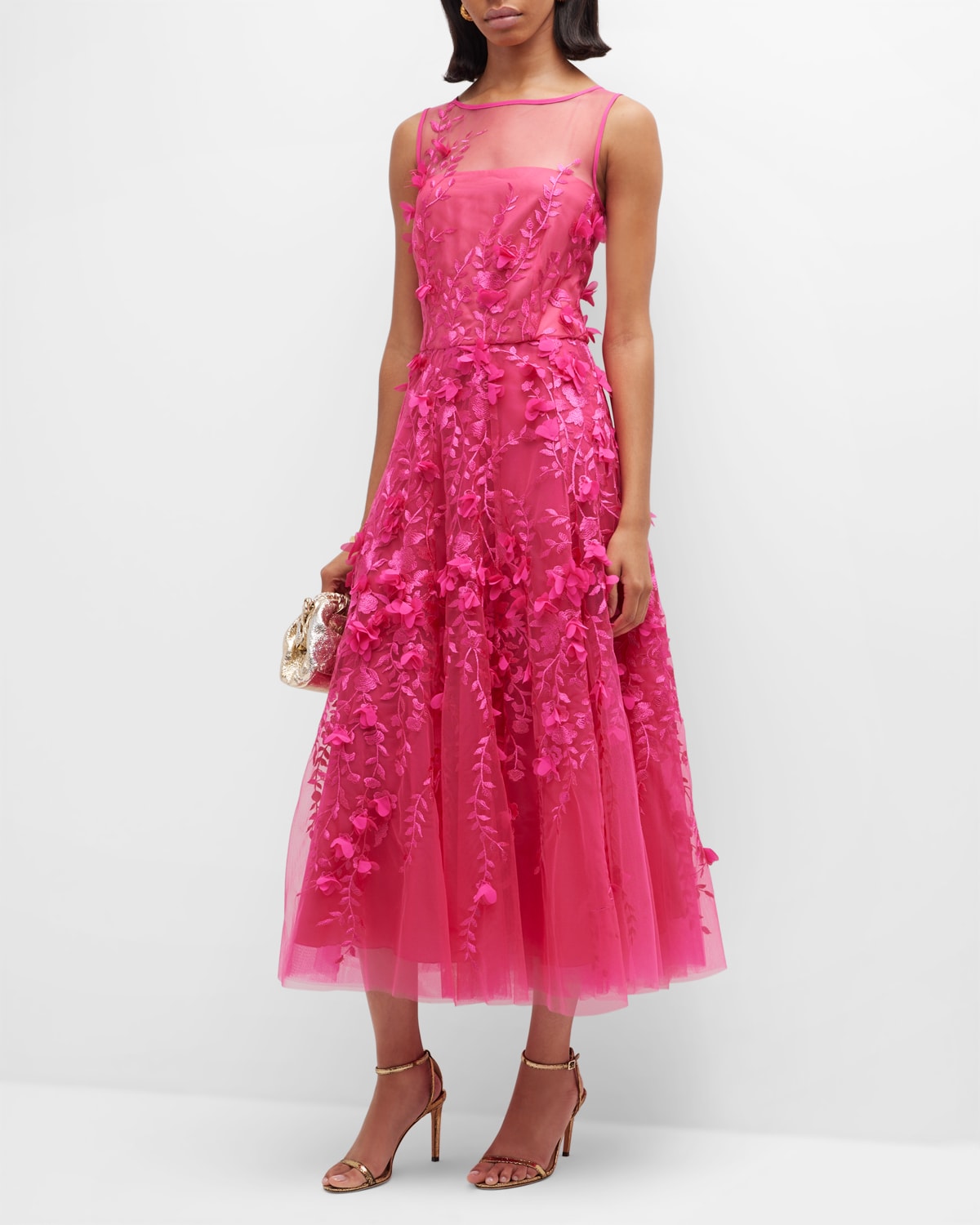 Tulle Midi Dress with Floral Applique Details