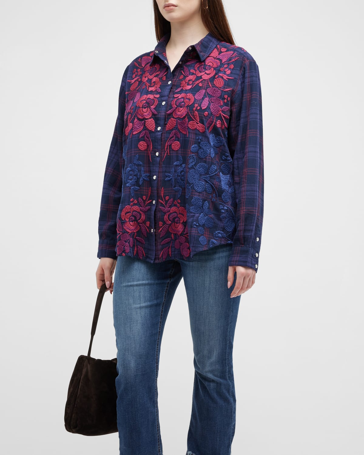 JOHNNY WAS PLUS SIZE TUSCAN EMBROIDERED PLAID SHIRT