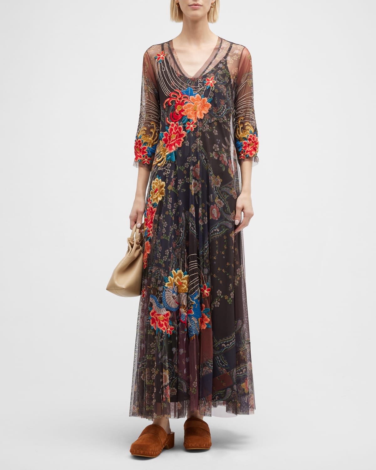 Johnny Was Kyler Embroidered Printed Mesh Maxi Dress In Multi