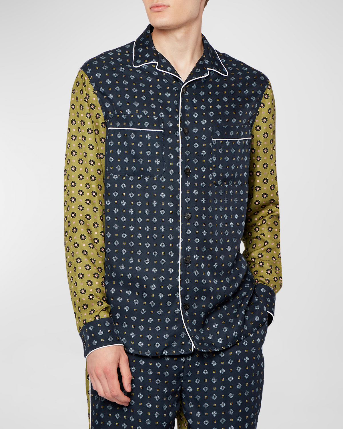 Erdem Lucius Patchwork-print Satin-twill Shirt In Blue Olive Multic