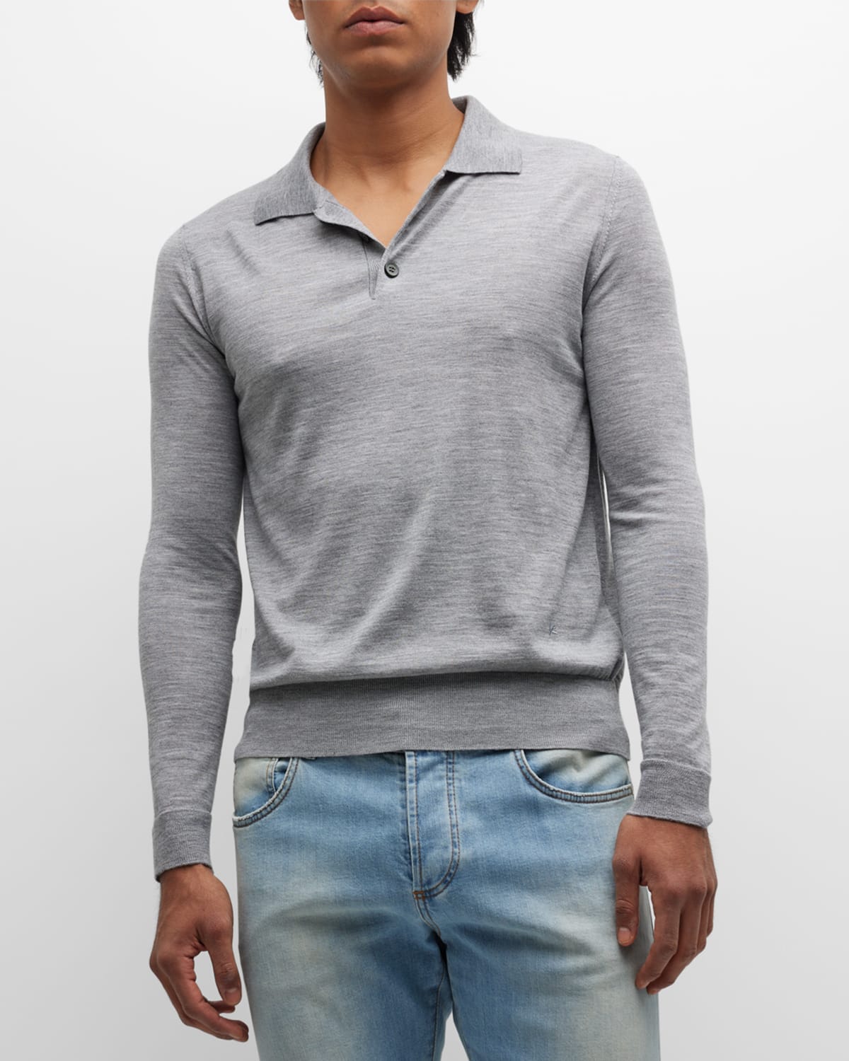 Isaia Men's Wool-silk Blend Polo Sweater In Light Grey