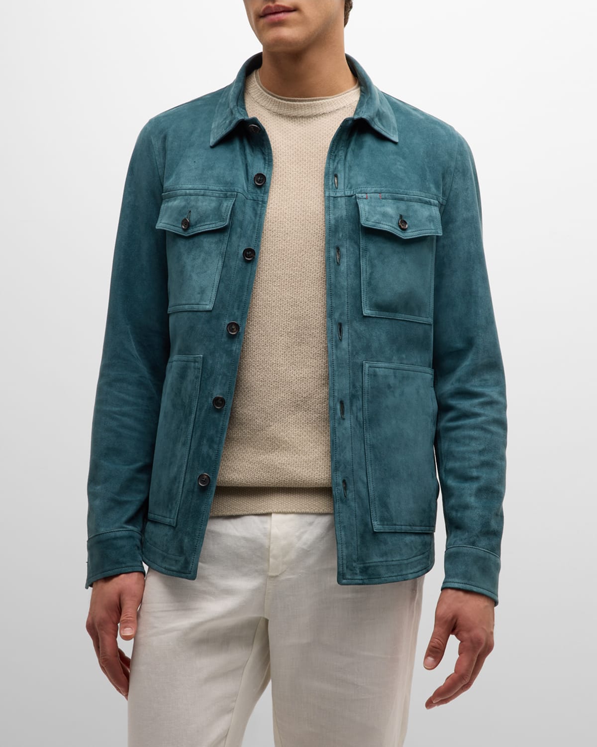 Shop Isaia Men's 4-pocket Suede Overshirt In Dark Green
