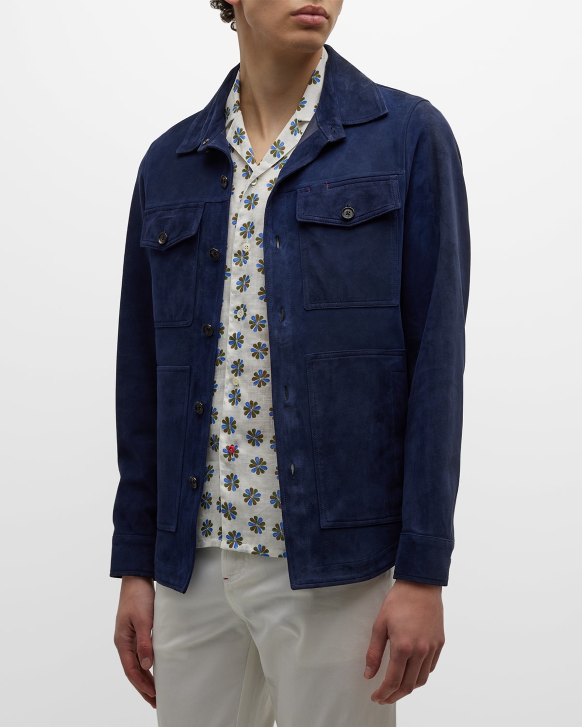 Isaia Men's 4-pocket Suede Overshirt In Navy